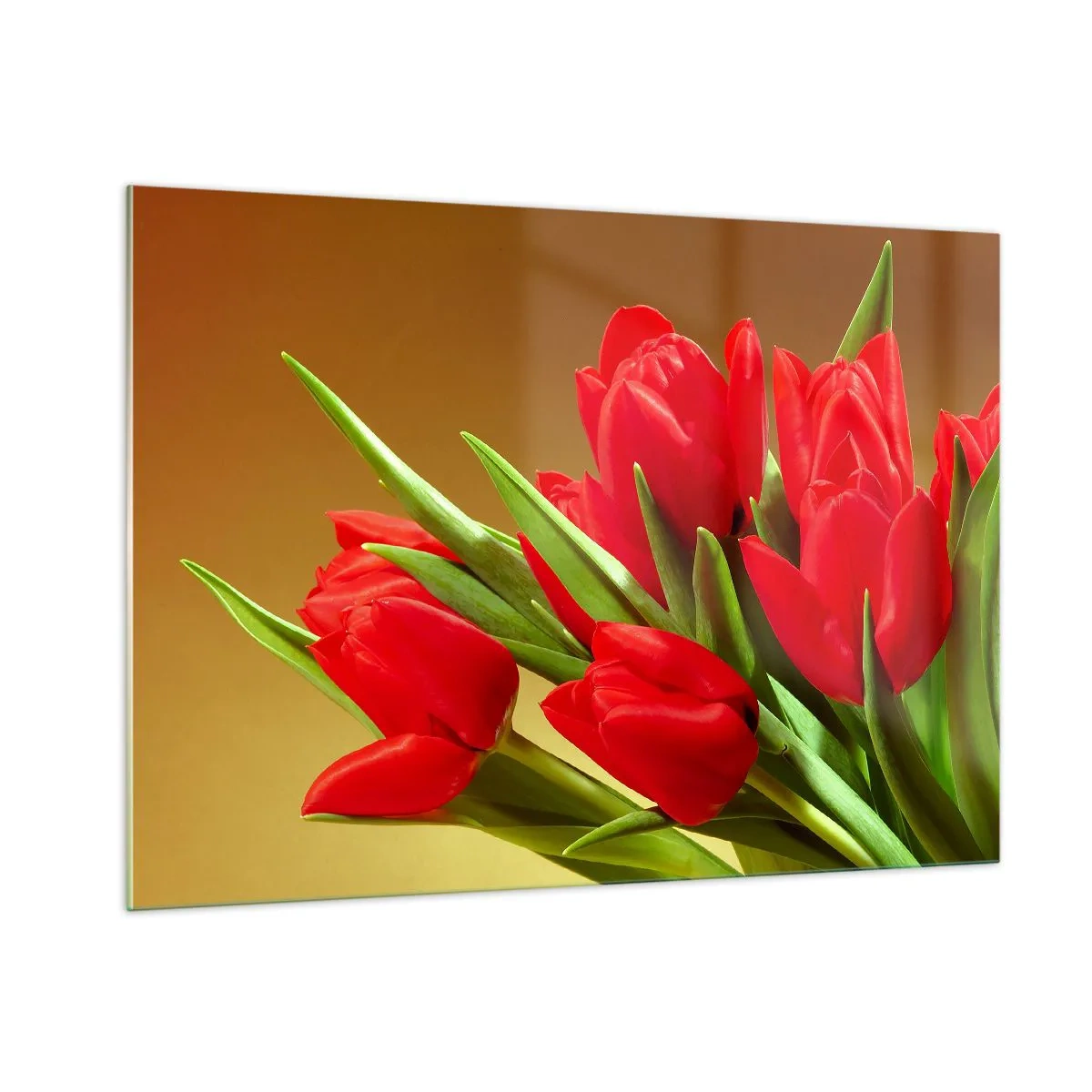 Impression sur verre - Image sur verre - Un bouquet de tulipes rouges sur fond doré - 100x70cm - Amas de joie printanière - Décoration murale moderne pour le salon et la chambre ARTTOR