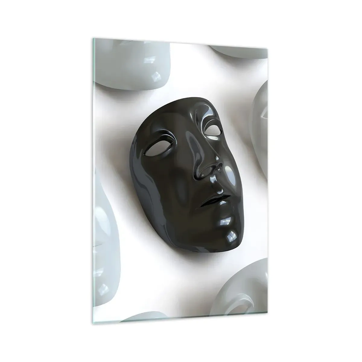 Impression sur verre - Image sur verre - Masques noirs et blancs sur fond clair - 80x120cm - Comment se démarquer ? - Décoration murale moderne pour le salon et la chambre ARTTOR