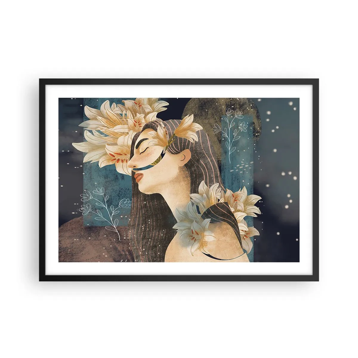 Affiche dans un cadre noir - Poster - Portrait d'une femme avec des fleurs dans un style artistique sur fond sombre - 70x50cm - Conte de fée sur la princesse lilas - Décoration murale moderne pour le salon et la chambre ARTTOR