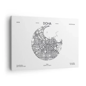 Impression sur toile - Image sur toile - Une carte minimaliste de Doha en noir et blanc avec des détails précis. - 70x50cm - Anatomie de Doha - Décoration murale moderne pour le salon et la chambre ARTTOR