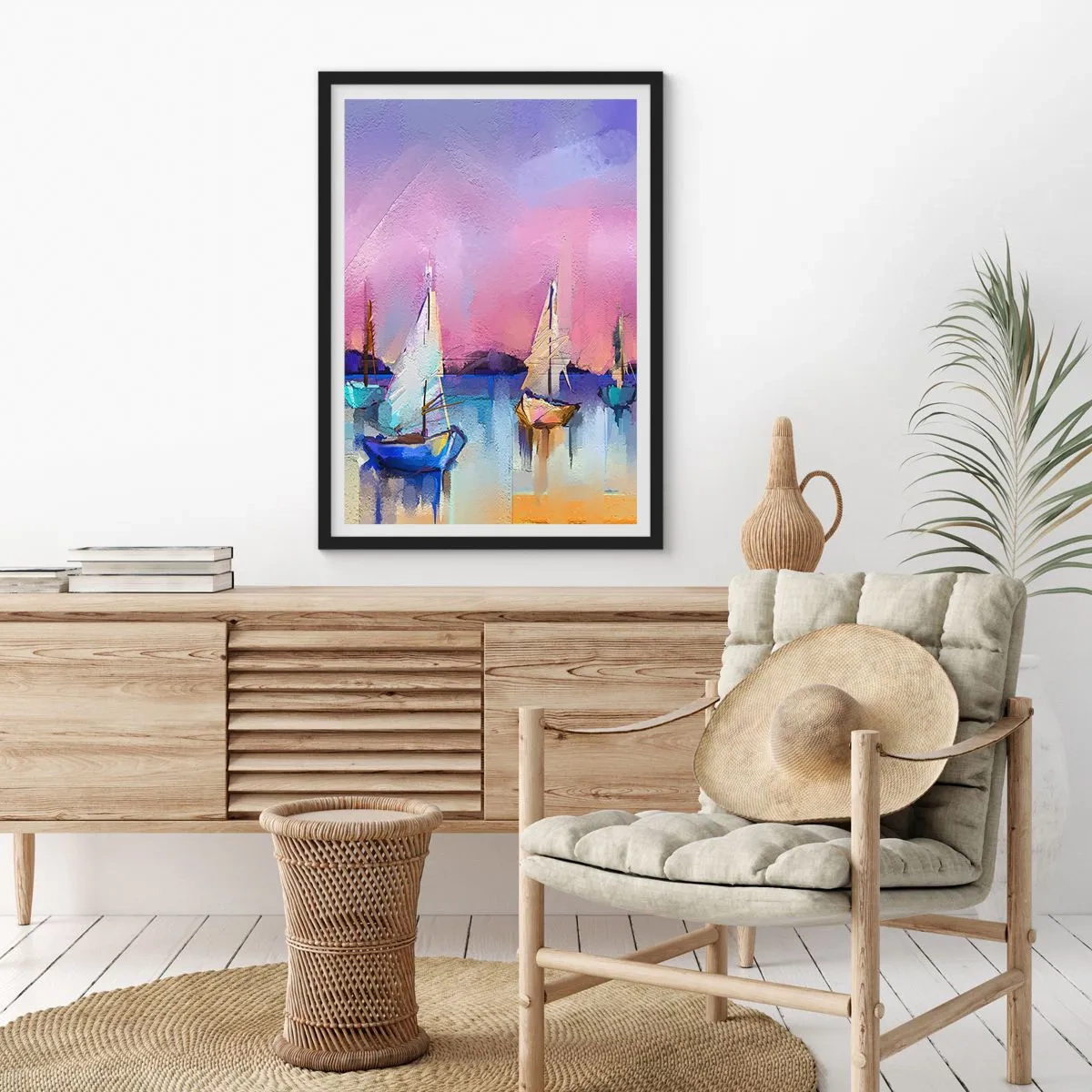 Affiche dans un cadre noir - Poster - Voiliers abstraits sur fond coloré - 50x70cm - Direction: les eaux larges - Décoration murale moderne pour le salon et la chambre ARTTOR