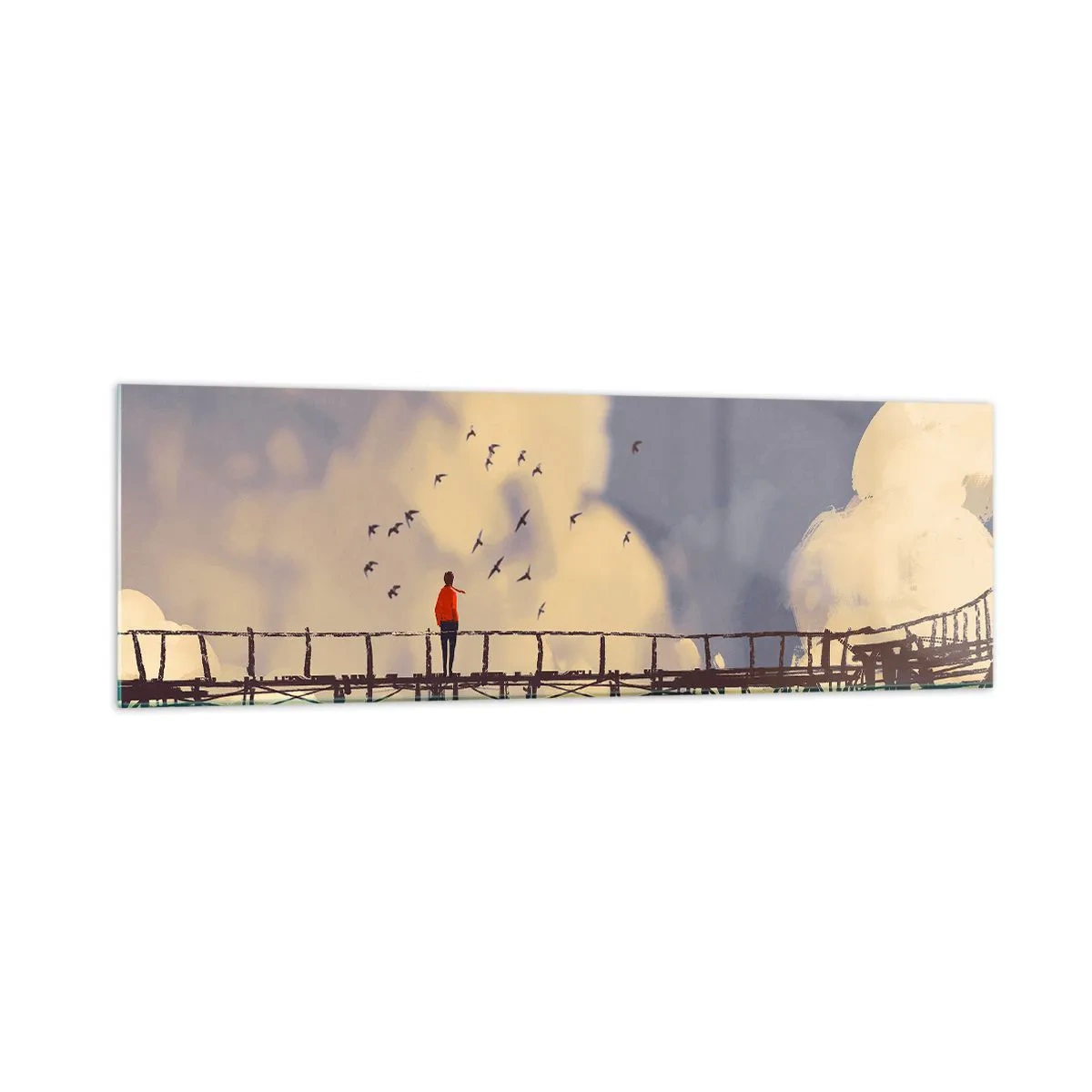 Impression sur verre - Image sur verre - Une silhouette sur un pont parmi les nuages avec des oiseaux dans le ciel - 160x50cm - Bleu nostalgie - Décoration murale moderne pour le salon et la chambre ARTTOR