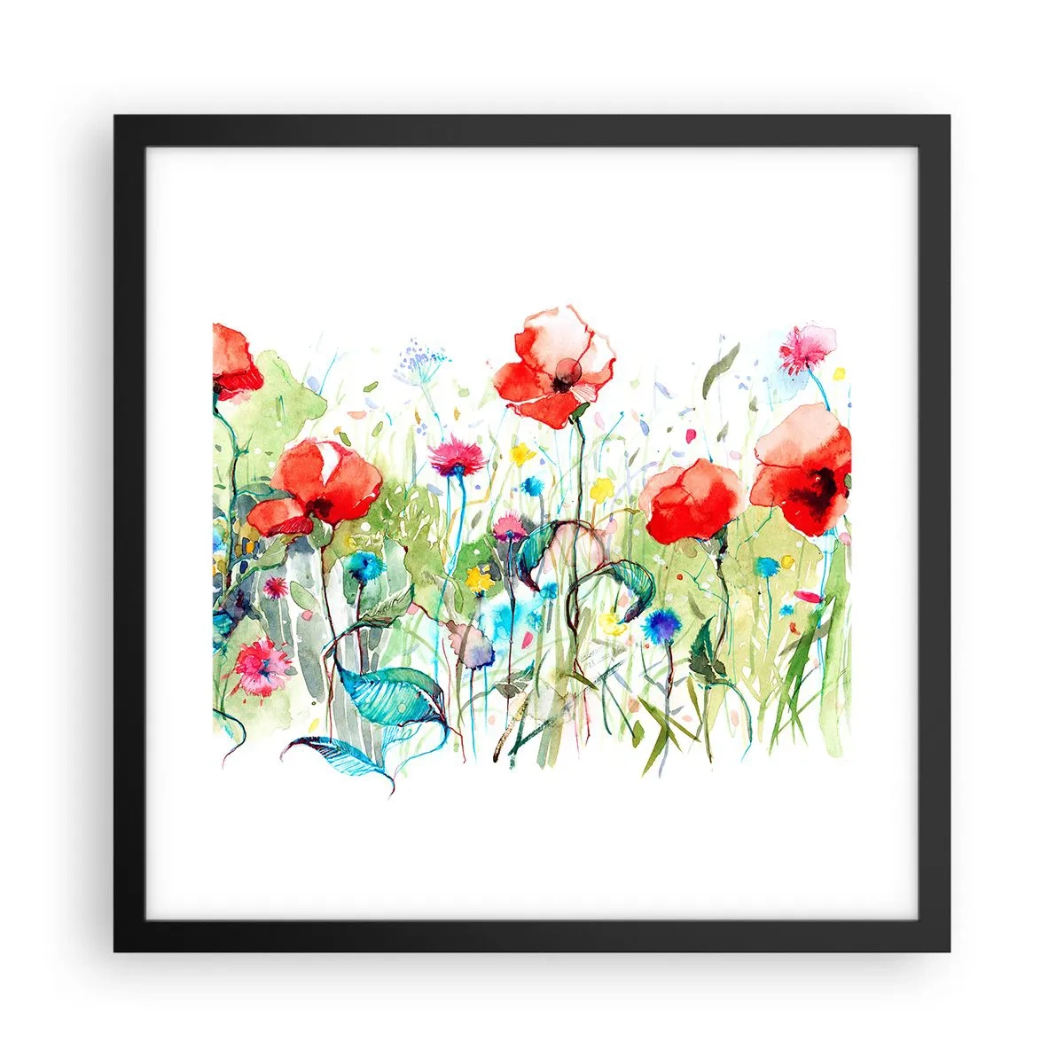Affiche dans un cadre noir - Poster - Prairie de fleurs en mai - 40x40 cm