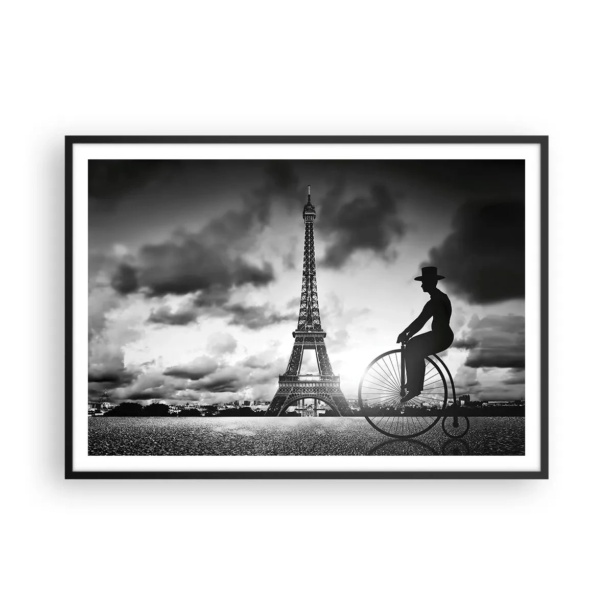 Affiche dans un cadre noir - Poster - Image en noir et blanc d'un vélo rétro avec la tour Eiffel en arrière-plan - 100x70cm - Nostalgie de la Belle Epoque - Décoration murale moderne pour le salon et la chambre ARTTOR