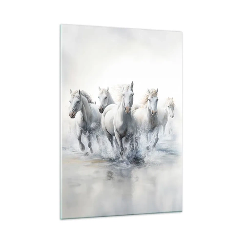 Impression sur verre - Image sur verre - Chevaux blancs galopant dans l'eau dans une composition dynamique - 50x70cm - Magie blanche - Décoration murale moderne pour le salon et la chambre ARTTOR
