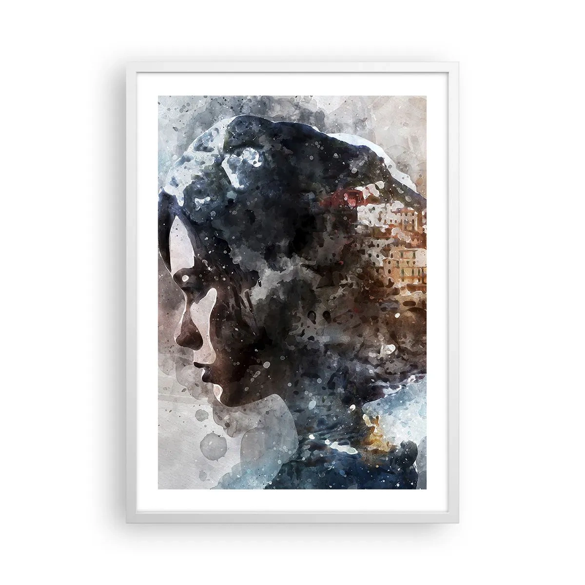 Affiche dans un cadre blanc - Poster - L'histoire d'une fille avec une ville en arrière-plan - 50x70 cm