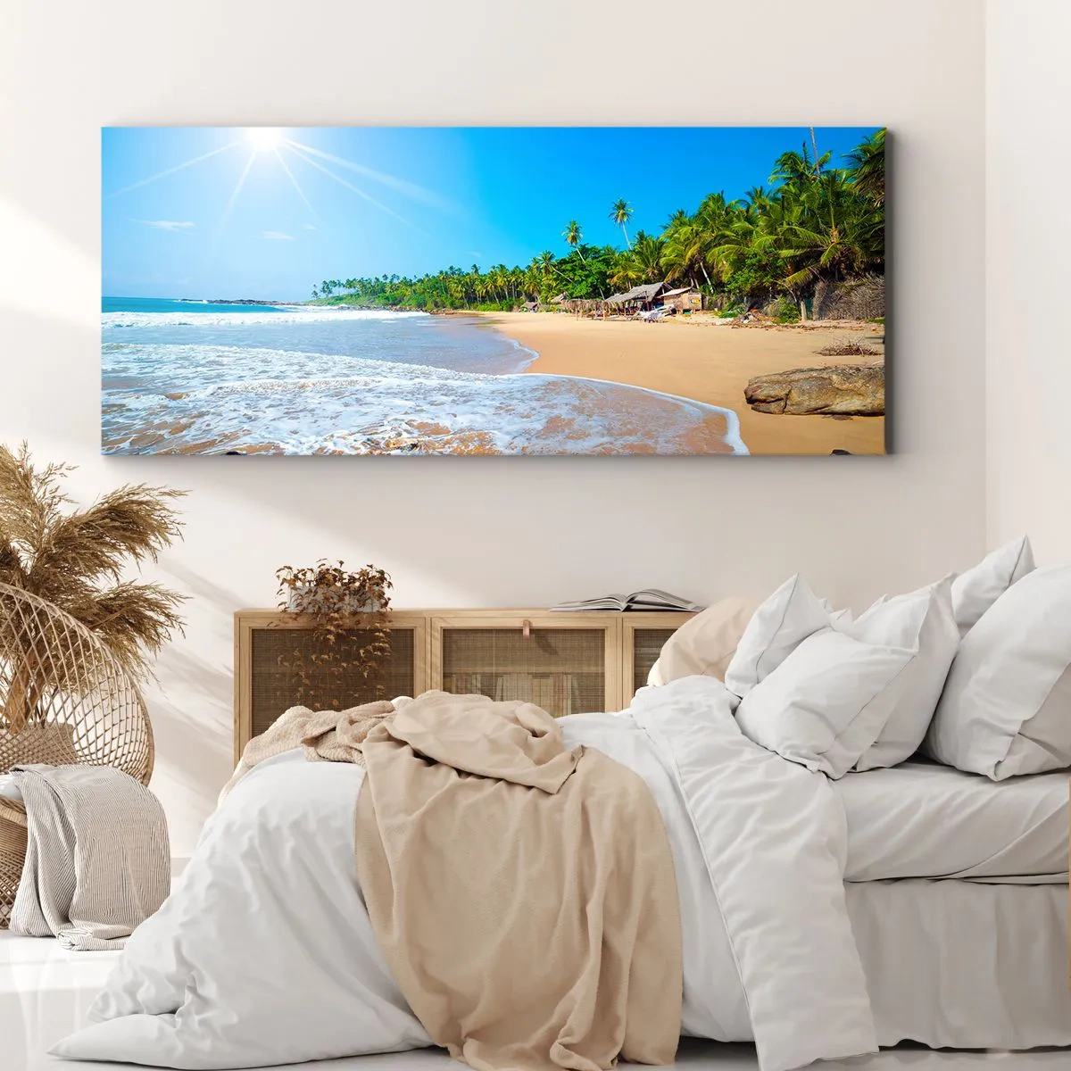 Impression sur toile - Image sur toile - Plage tropicale avec palmiers et ciel bleu - 160x50cm - Un endroit exotique pour vous - Décoration murale moderne pour le salon et la chambre ARTTOR