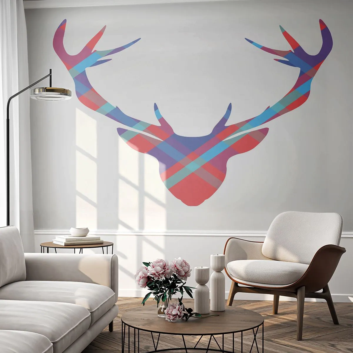 Papier Peint Photo Premium Sand - Silhouette géométrique d'un cerf dans un motif à carreaux coloré - 100x70cm - Cerf écossais - Décoration murale moderne pour le salon et la chambre ARTTOR