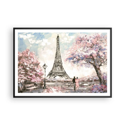 Affiche dans un cadre noir - Poster - La Tour Eiffel entourée d'arbres en fleurs - 100x70cm - Balade d'avril à Paris - Décoration murale moderne pour le salon et la chambre ARTTOR
