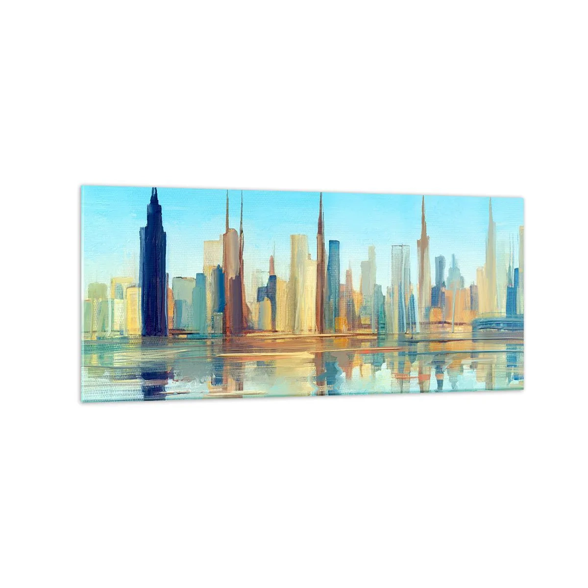 Impression sur verre - Image sur verre - Un panorama de la ville aux couleurs chaudes avec reflet dans l'eau - 120x50cm - Une métropole ensoleillée - Décoration murale moderne pour le salon et la chambre ARTTOR