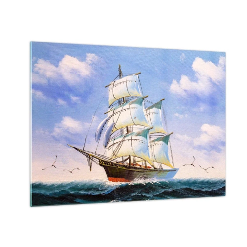 Impression sur verre - Image sur verre - Un voilier en haute mer sous un ciel bleu - 70x50cm - Fièrement avec le vent - Décoration murale moderne pour le salon et la chambre ARTTOR