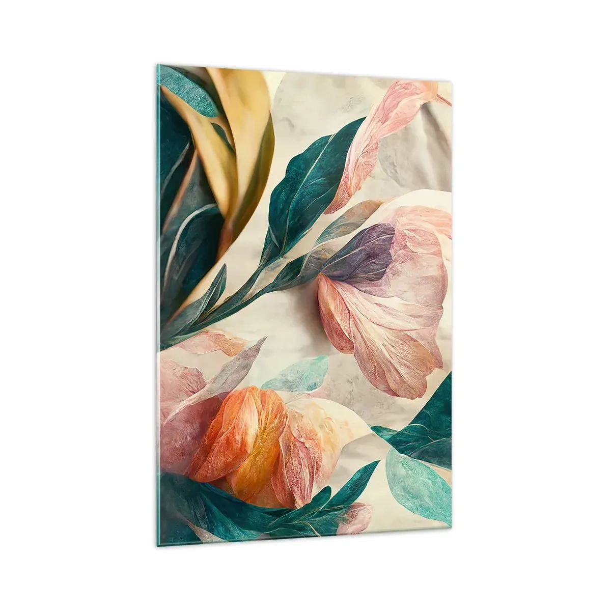 Impression sur verre - Image sur verre - Fleurs colorées de style tropical sur fond clair - 70x100cm - Fleurs des îles du sud - Décoration murale moderne pour le salon et la chambre ARTTOR