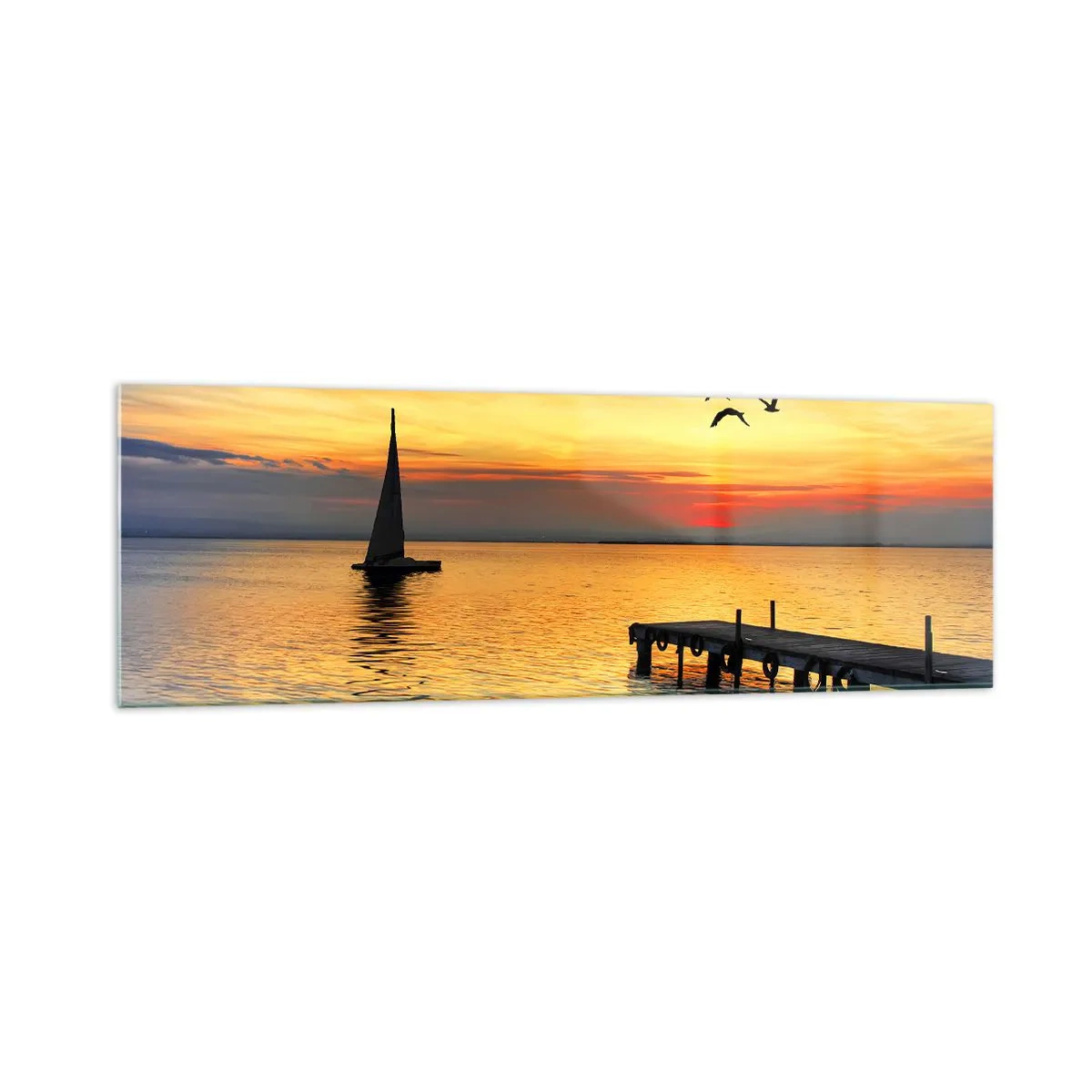 Impression sur verre - Image sur verre - Coucher de soleil avec un voilier et une jetée sur un lac calme - 160x50cm - Le soir revient - Décoration murale moderne pour le salon et la chambre ARTTOR