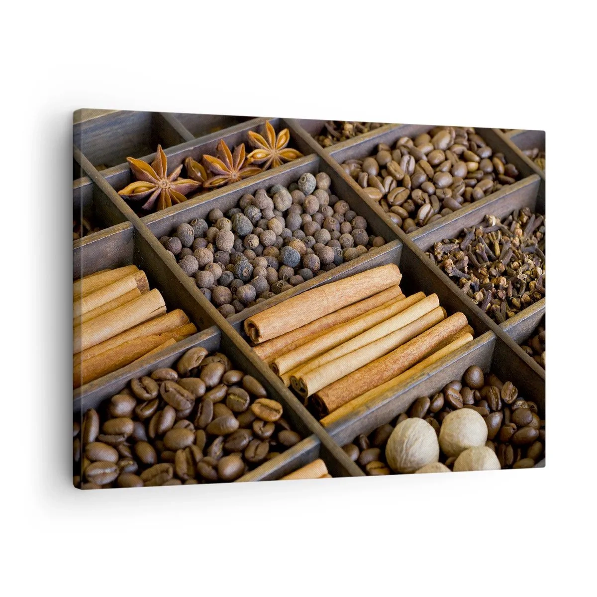 Impression sur toile - Image sur toile - Épices et café dans des compartiments en bois - 70x50cm - Trésor d'arômes - Décoration murale moderne pour le salon et la chambre ARTTOR