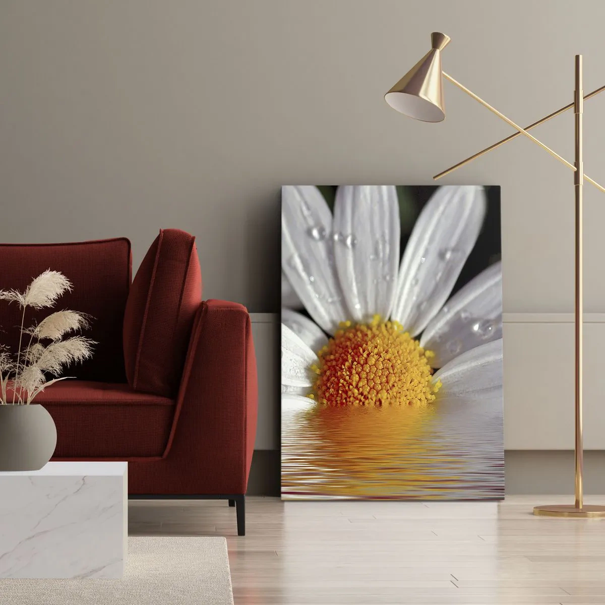 Impression sur toile - Image sur toile - Une marguerite blanche avec des gouttes d'eau immergées dans un reflet d'eau - 70x100cm - Le soleil levant des marguerites - Décoration murale moderne pour le salon et la chambre ARTTOR