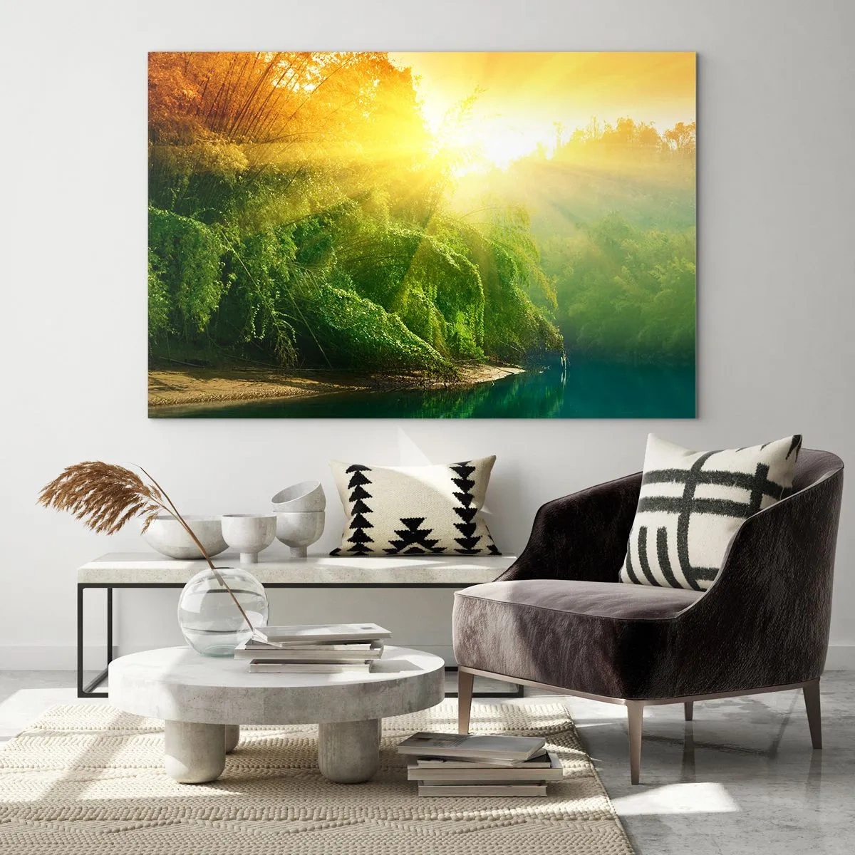 Impression sur verre - Image sur verre - Rayons de soleil sur la végétation verte au bord de la rivière - 100x70cm - Se noyer au soleil et à l'ombre - Décoration murale moderne pour le salon et la chambre ARTTOR