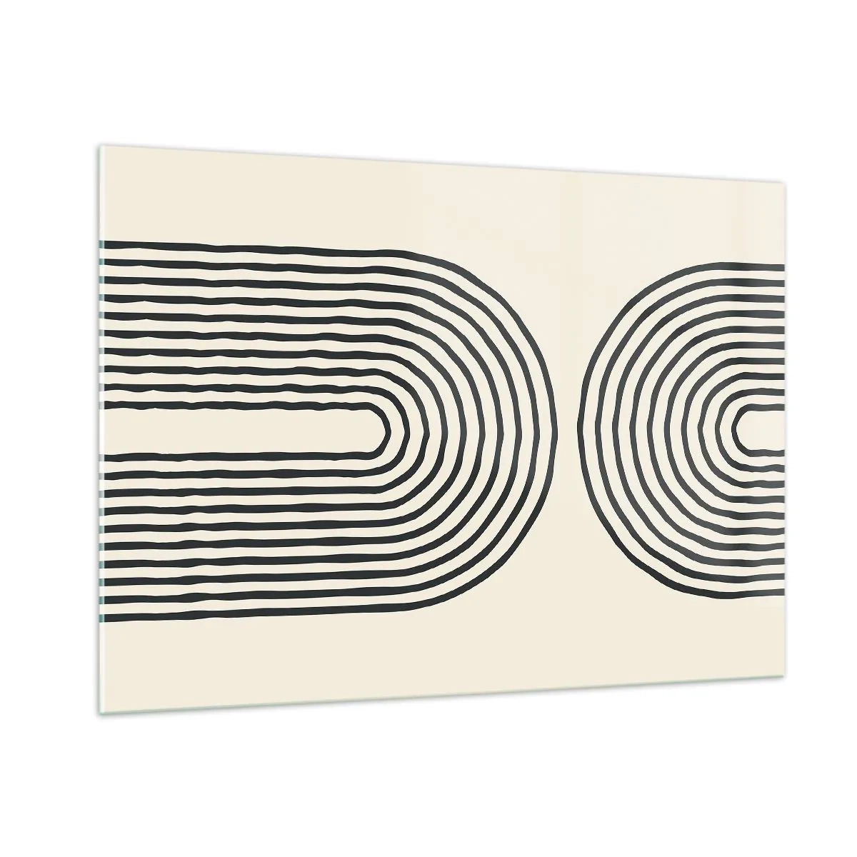 Impression sur verre - Image sur verre - Une peinture abstraite en noir et blanc représentant des lignes en forme d'arc. - 100x70cm - Dans un instant... - Décoration murale moderne pour le salon et la chambre ARTTOR