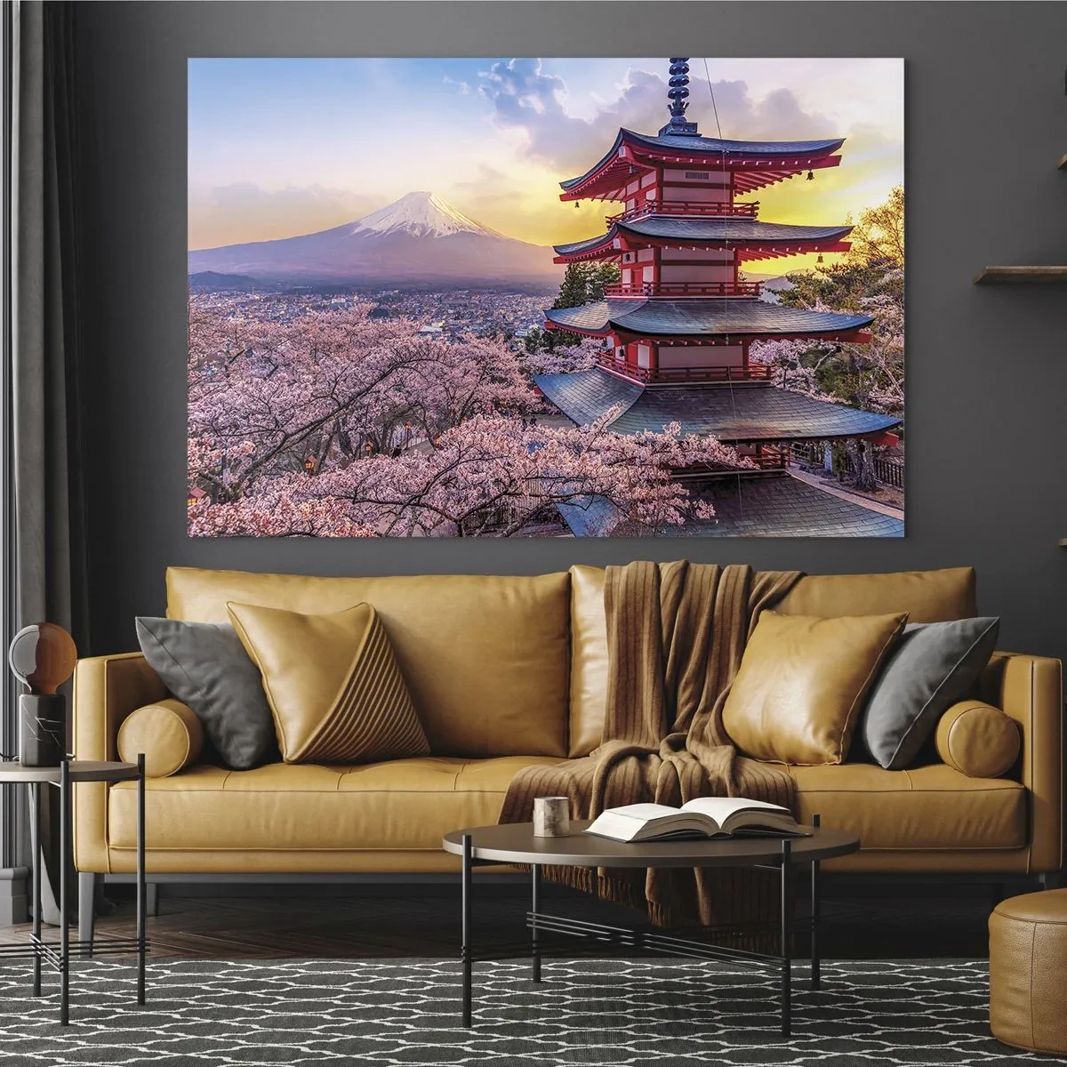 Impression sur verre - Image sur verre - Une pagode dans un paysage japonais surplombant le mont Fuji et des arbres en fleurs - 120x80cm - Essence d'âme japonnaise - Décoration murale moderne pour le salon et la chambre ARTTOR