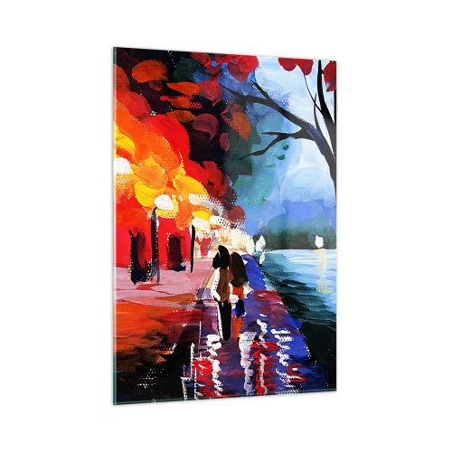 Impression sur verre - Image sur verre - Un couple se promenant dans un parc coloré le soir - 50x70cm - Automne flamboyant dans le parc - Décoration murale moderne pour le salon et la chambre ARTTOR