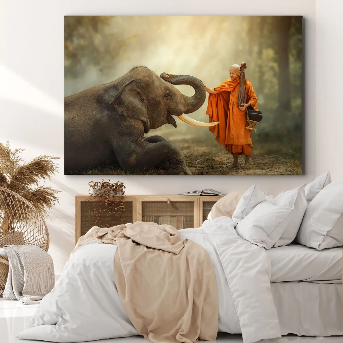 Impression sur toile - Image sur toile - Un moine et un éléphant en harmonie avec la nature en toile de fond - 120x80cm - Rencontre en voyageant - Décoration murale moderne pour le salon et la chambre ARTTOR