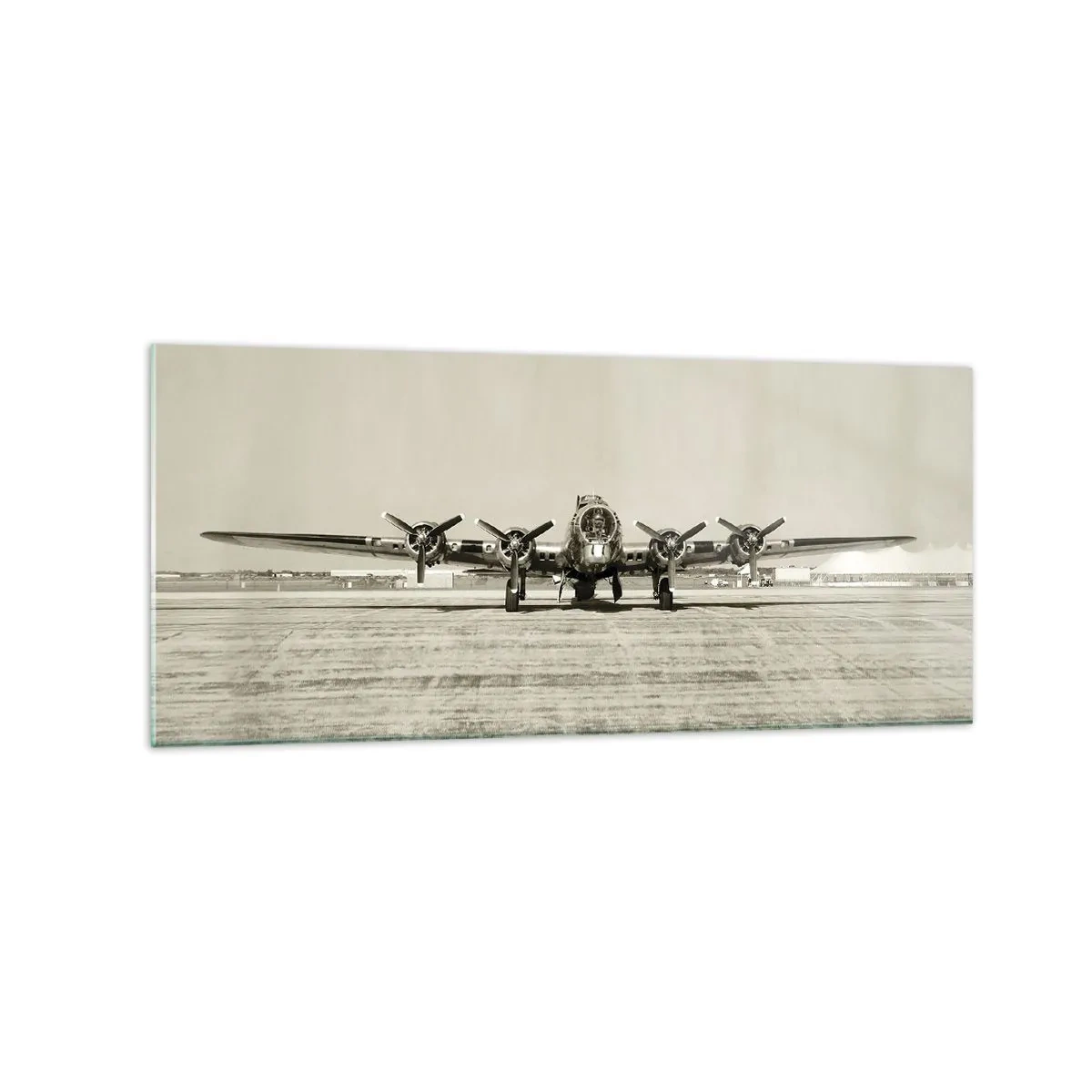 Impression sur verre - Image sur verre - Avion historique à l'aéroport en sépia - 120x50cm - Toujours prêt! - Décoration murale moderne pour le salon et la chambre ARTTOR