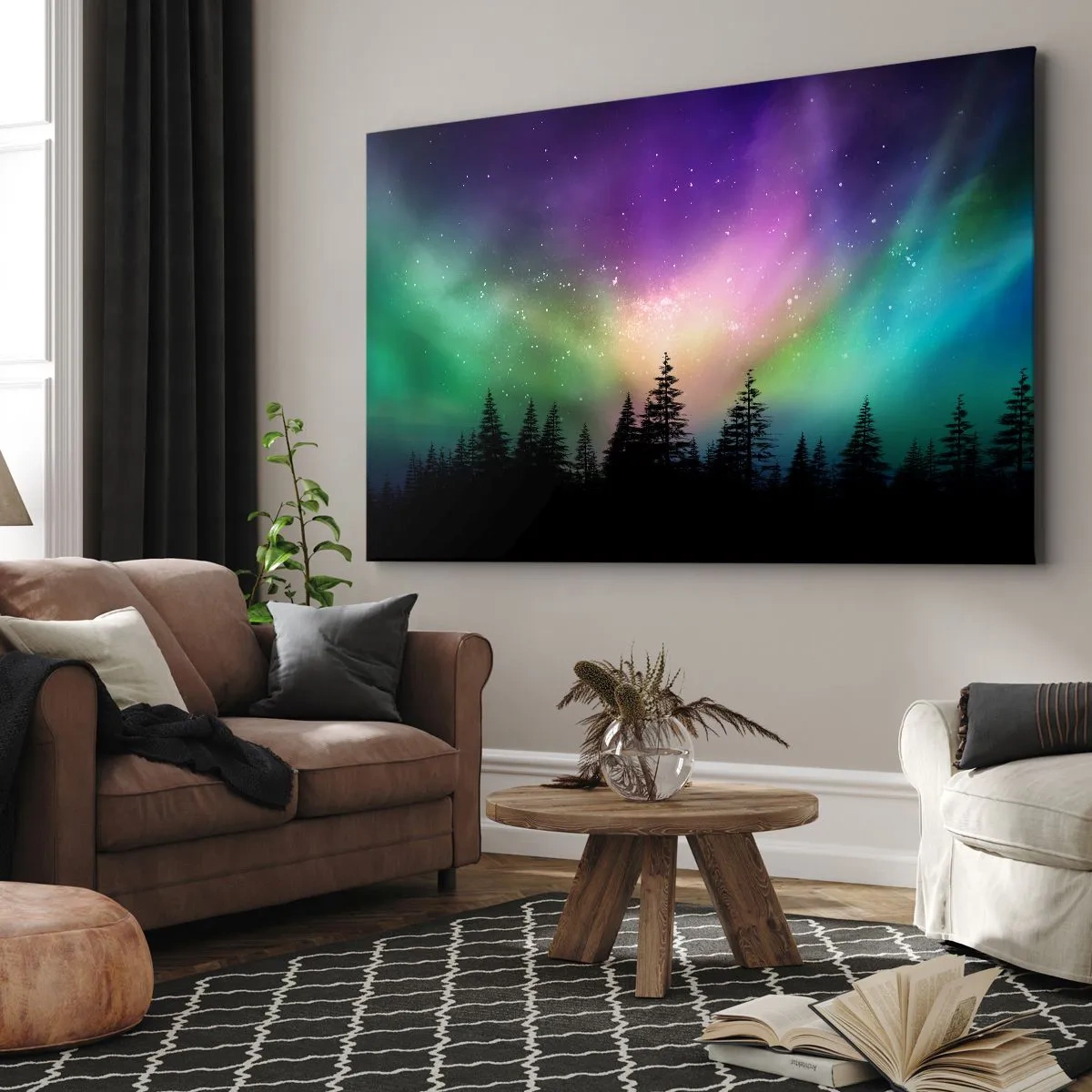 Impression sur toile - Image sur toile - Aurore boréale au-dessus d'une forêt avec un ciel étoilé - 100x70cm - Magie blanche - Décoration murale moderne pour le salon et la chambre ARTTOR