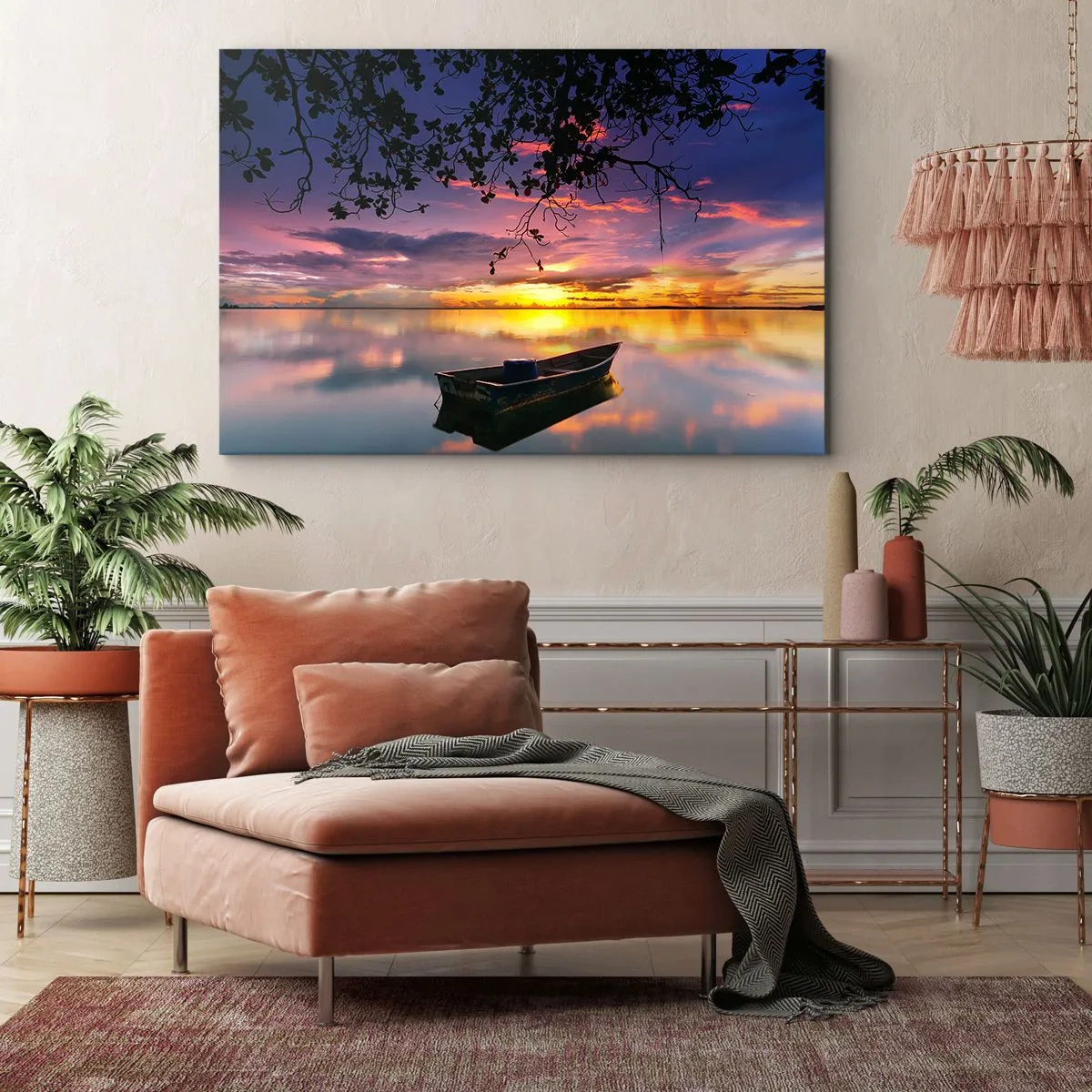 Impression sur toile - Image sur toile - Un bateau sur une eau calme au coucher du soleil - 100x70cm - "Tu sembles suspendu au milieu du ciel..." - Décoration murale moderne pour le salon et la chambre ARTTOR