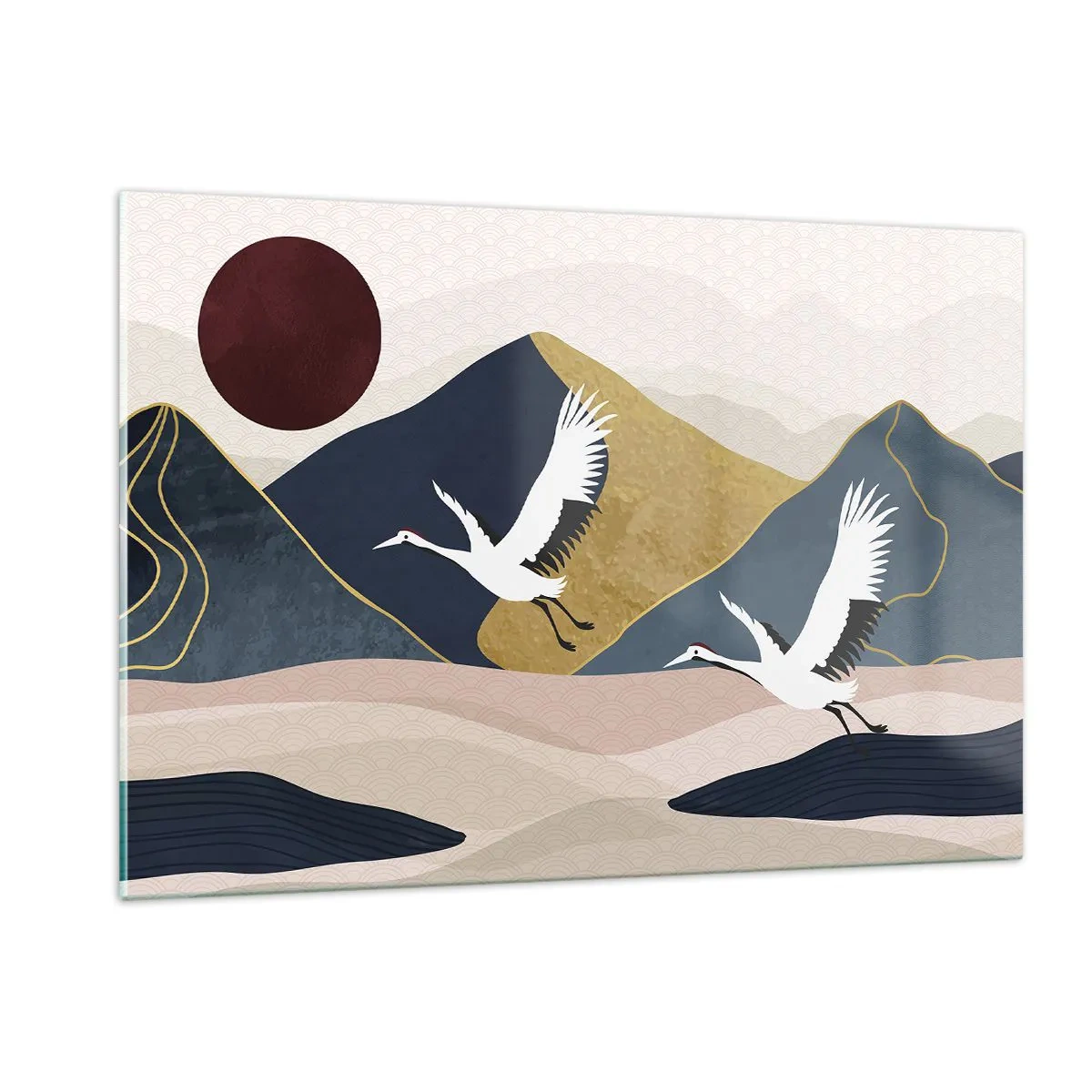 Impression sur verre - Image sur verre - Deux grues survolant un paysage vallonné avec un soleil rouge. - 120x80cm - Encore une fois, la journée s'est ÉCOULÉE - Décoration murale moderne pour le salon et la chambre ARTTOR