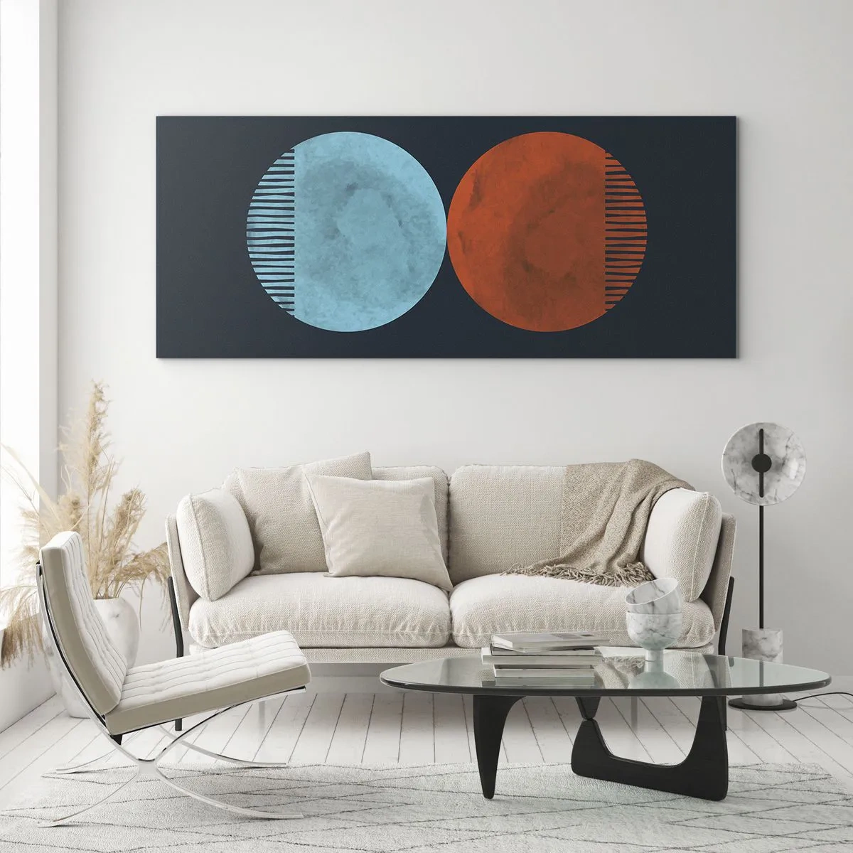 Impression sur verre - Image sur verre - Design minimaliste à deux roues en bleu et orange - 120x50cm - Seulement la géométrie ? - Décoration murale moderne pour le salon et la chambre ARTTOR