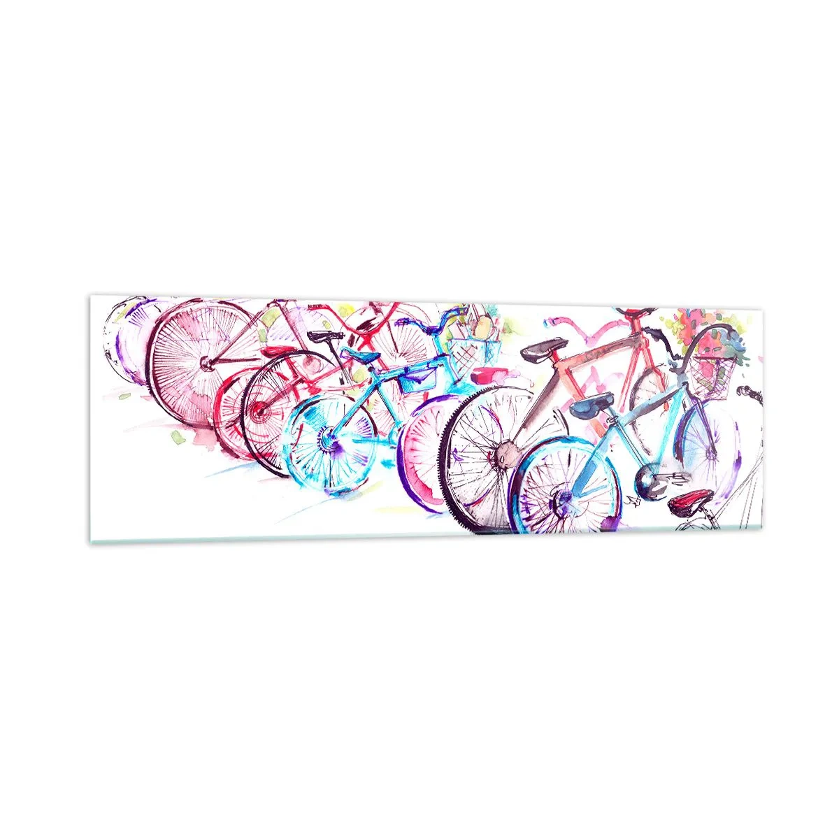 Impression sur verre - Image sur verre - Vélos colorés dans un style aquarelle artistique - 160x50cm - Congrès du club Antymoto - Décoration murale moderne pour le salon et la chambre ARTTOR