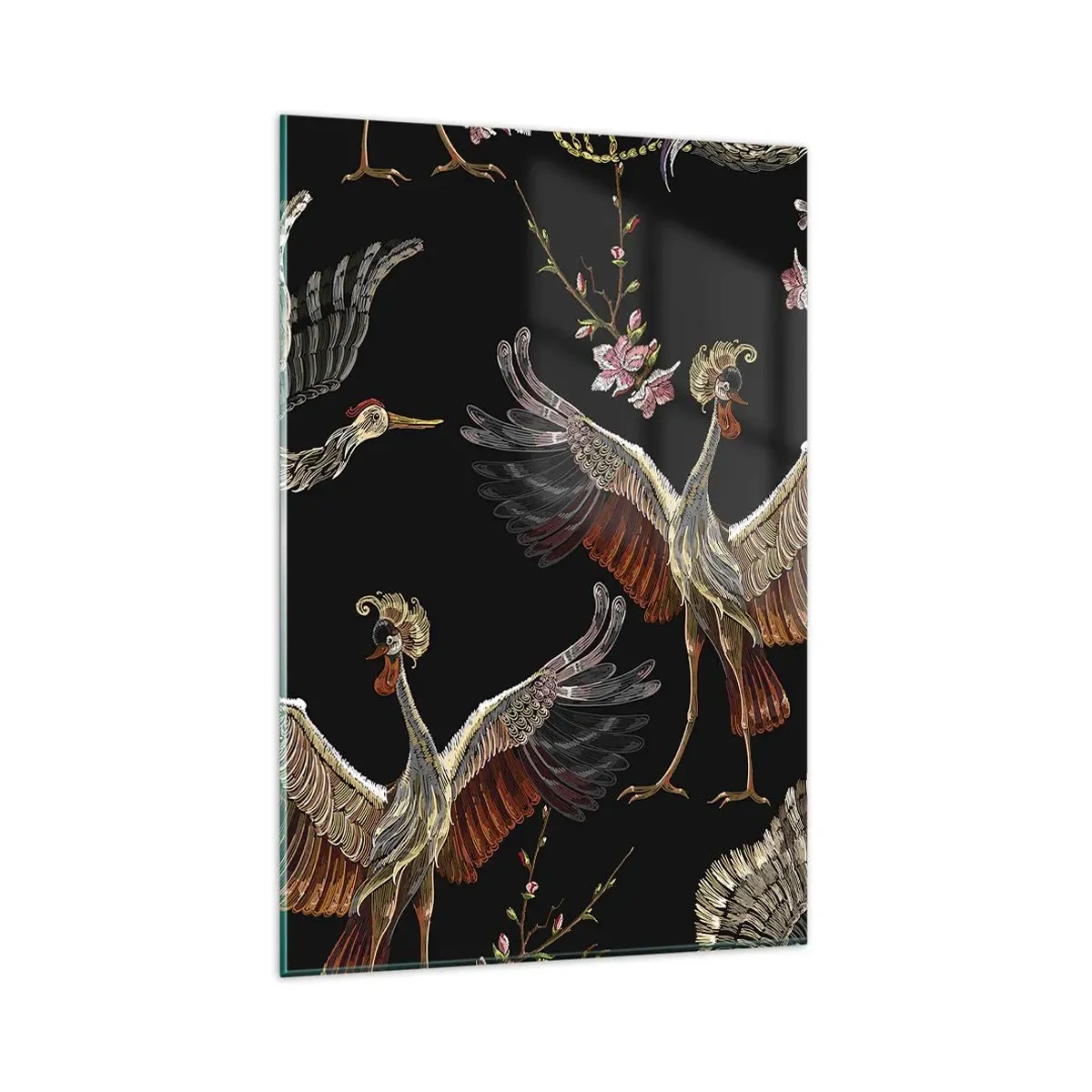 Impression sur verre - Image sur verre - Grues et fleurs élégantes sur fond noir - 80x120cm - Un oiseau de conte de fées - Décoration murale moderne pour le salon et la chambre ARTTOR