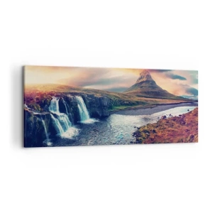 Impression sur toile - Image sur toile - Vue de la cascade et de la montagne à la lumière du soleil couchant - 120x50cm - Dans la majesté de la nature - Décoration murale moderne pour le salon et la chambre ARTTOR