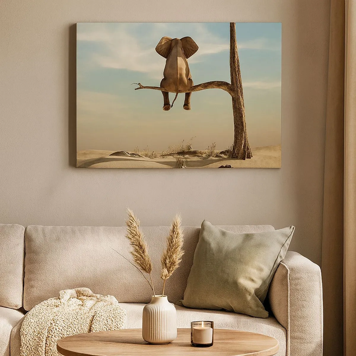 Impression sur toile - Image sur toile - Un éléphant assis sur une branche surplombant un paysage désertique - 70x50cm - Nouveau point de vue - Décoration murale moderne pour le salon et la chambre ARTTOR