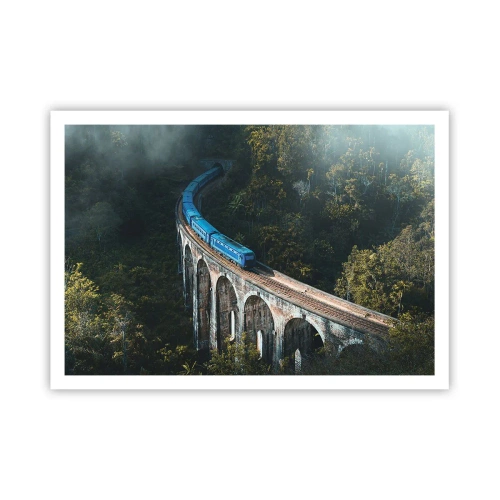 Affiche - Poster - Un train bleu sur un viaduc historique au milieu des forêts - 100x70cm - Train nature - Décoration murale moderne pour le salon et la chambre ARTTOR