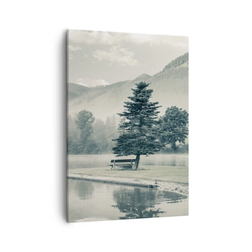 Impression sur toile - Image sur toile - Un lac pittoresque avec un banc et du brouillard en arrière-plan - 50x70cm - Le lac dort encore - Décoration murale moderne pour le salon et la chambre ARTTOR