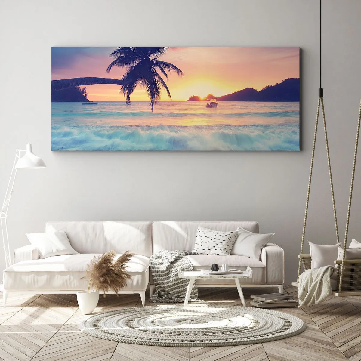 Impression sur toile - Image sur toile - Plage avec un palmier et un coucher de soleil sur l'océan - 160x50cm - Une soirée à la baie - Décoration murale moderne pour le salon et la chambre ARTTOR