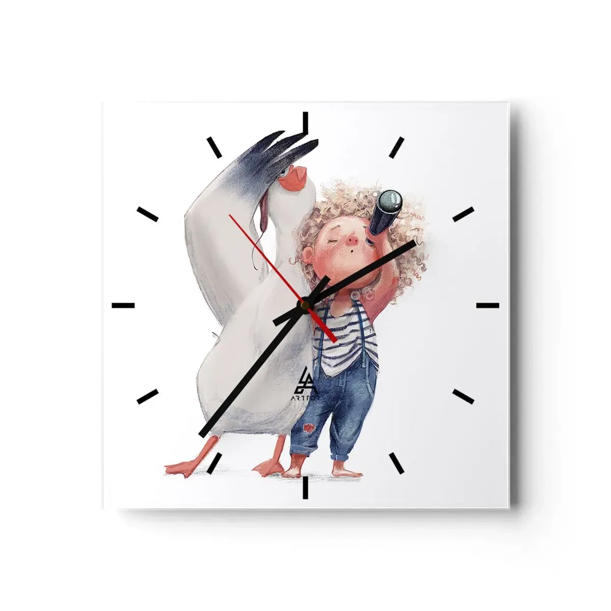 Horloge murale - Pendule murale - Illustration d'un enfant avec un pélican et un télescope à la main - 30x30cm - Plan de grand voyage - Décoration murale moderne pour le salon et la chambre ARTTOR