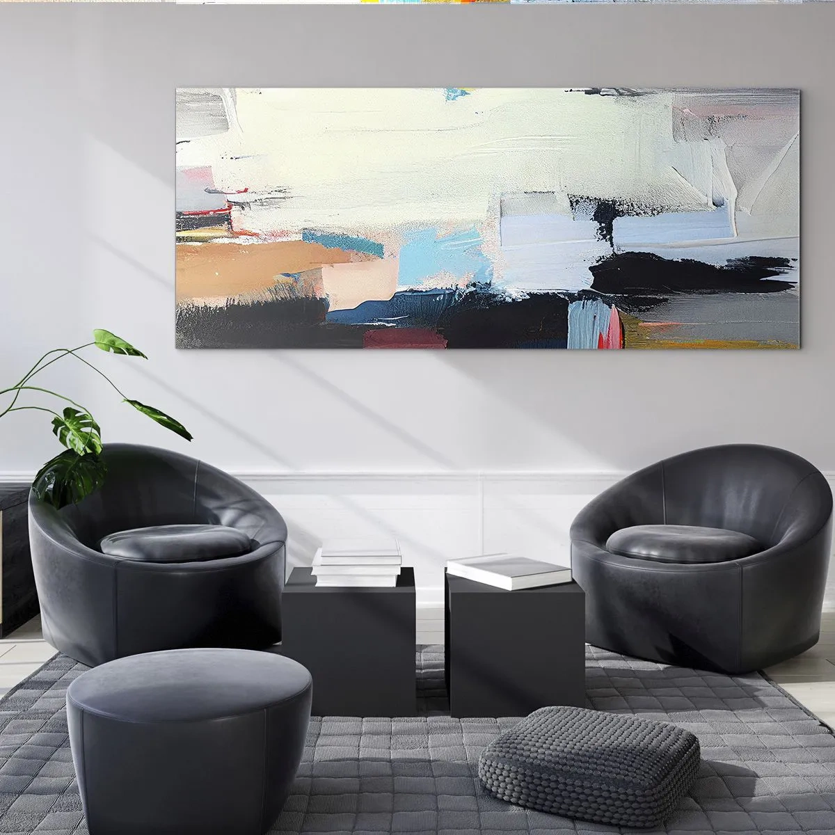 Impression sur verre - Image sur verre - Abstraction colorée avec des coups de pinceau dynamiques - 140x50cm - Y a-t-il une méthode ? - Décoration murale moderne pour le salon et la chambre ARTTOR