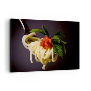 Impression sur toile - Image sur toile - Spaghettis à la fourchette avec sauce tomate et persil - 120x80cm - Une bouchée savoureuse - Décoration murale moderne pour le salon et la chambre ARTTOR