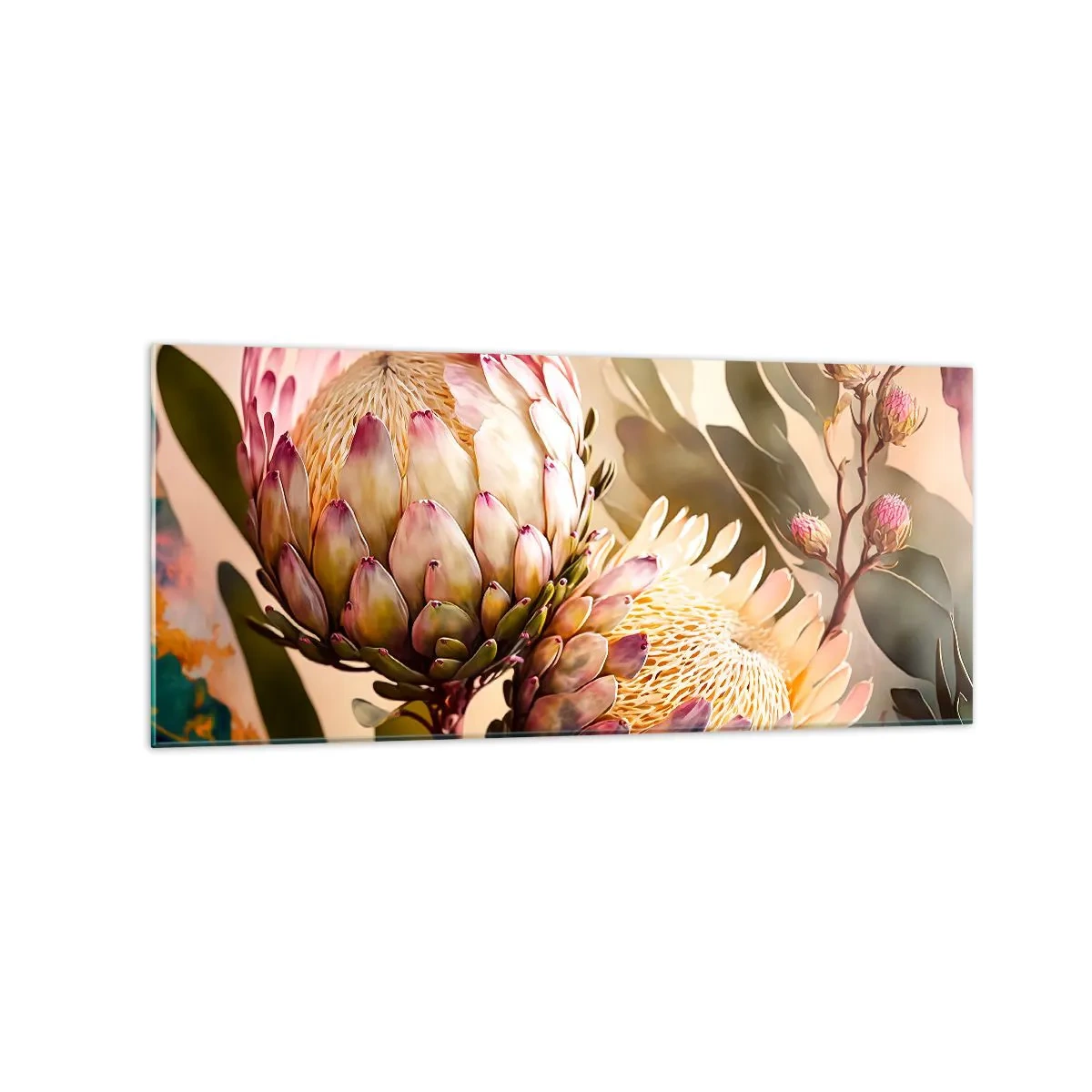 Impression sur verre - Image sur verre - Fleurs de protéa colorées sur un fond délicat - 120x50cm - Tendrement embrassé - Décoration murale moderne pour le salon et la chambre ARTTOR