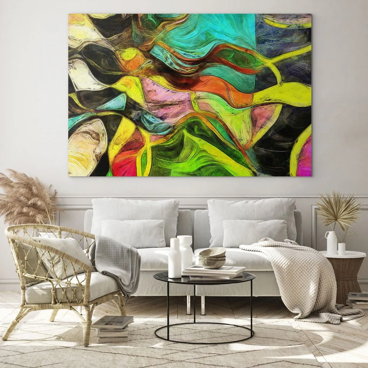 Impression sur verre - Image sur verre - Une composition abstraite avec des vagues intenses et multicolores. - 100x70cm - Le mouvement c'est la vie - Décoration murale moderne pour le salon et la chambre ARTTOR