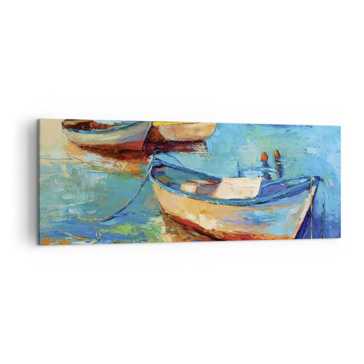 Impression sur toile - Image sur toile - Bateaux colorés amarrés sur une eau calme - 140x50cm - Dans la baie du sud - Décoration murale moderne pour le salon et la chambre ARTTOR