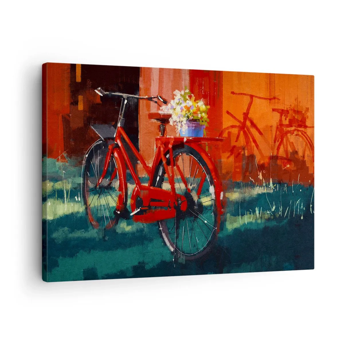 Impression sur toile - Image sur toile - Un vélo rouge avec des fleurs contre un mur orange - 70x50cm - I want to ride my bicycle - Décoration murale moderne pour le salon et la chambre ARTTOR