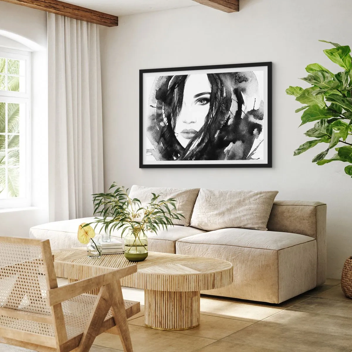 Affiche dans un cadre noir - Poster - Portrait d'une dame en noir et blanc - 50x40 cm