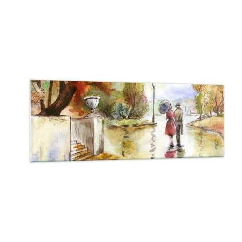 Impression sur verre - Image sur verre - Une promenade dans le parc d'automne avec un parapluie - 140x50cm - Automne romantique dans le parc - Décoration murale moderne pour le salon et la chambre ARTTOR