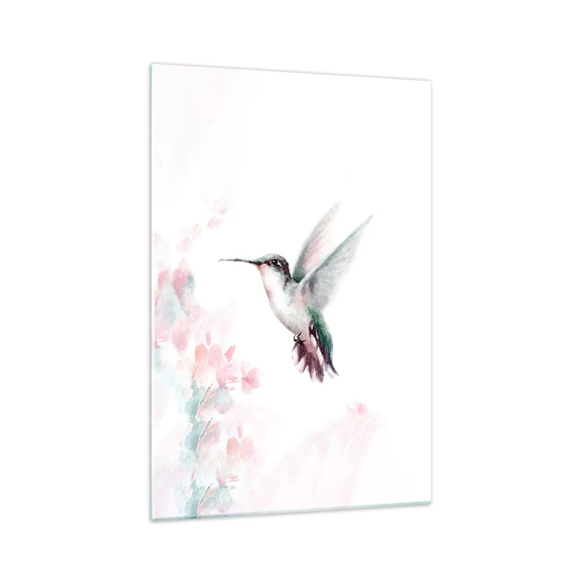 Impression sur verre - Image sur verre - Un colibri aux couleurs pastel délicates sur un fond de fleurs - 70x100cm - Immortalisé dans un battement - Décoration murale moderne pour le salon et la chambre ARTTOR