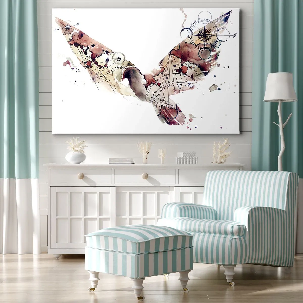 Impression sur toile - Image sur toile - Silhouette d'oiseau artistique avec des motifs géométriques - 70x50cm - Un pèlerin volant - Décoration murale moderne pour le salon et la chambre ARTTOR