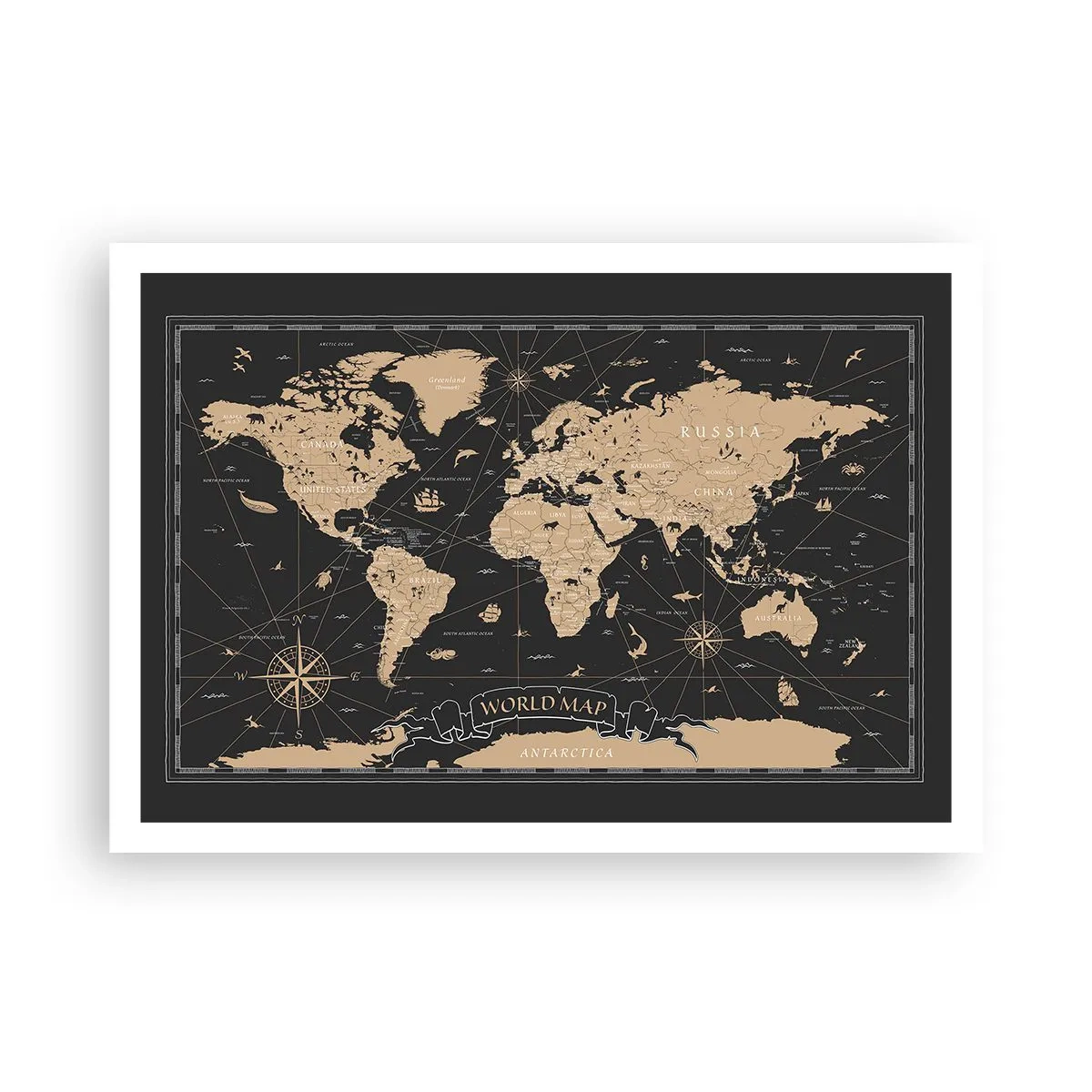 Affiche - Poster - Une carte du monde stylisée sur fond noir avec des accents beiges. - 100x70cm - Les limites de mon monde - Décoration murale moderne pour le salon et la chambre ARTTOR