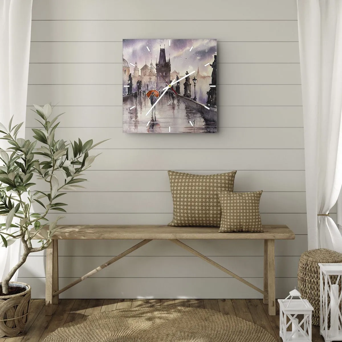 Horloge murale - Pendule murale - Vue romantique d'un pont avec un parapluie sur fond de ville en soirée - 30x30cm - Les gens ne changent pas - Décoration murale moderne pour le salon et la chambre ARTTOR