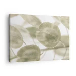 Impression sur toile - Image sur toile - Une peinture délicate de feuilles dans des tons pastel de vert sur un fond clair. - 70x50cm - Au commencement il y avait des feuilles... - Décoration murale moderne pour le salon et la chambre ARTTOR
